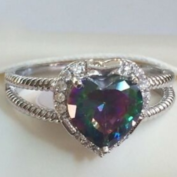 Silver Mystic Topaz Heart Cocktail Ring Size 10 11 12 13 Rhodium Plated - Picture 4 of 8